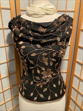 Andretta Donatello Black Silk Embroidered Top Size M